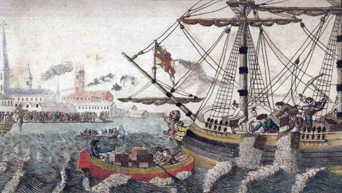 drawing of the Boston tea party